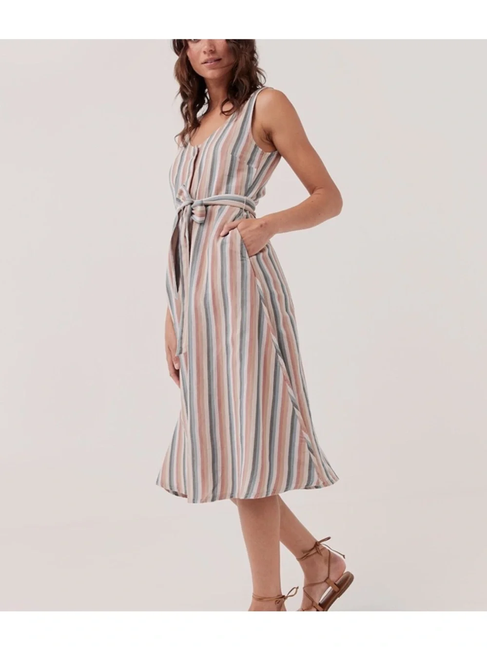 NWT Pact Stucco Vertical Stripe Harbour Midi Dress Sz M Cotton Linen Blend - Picture 3 of 12